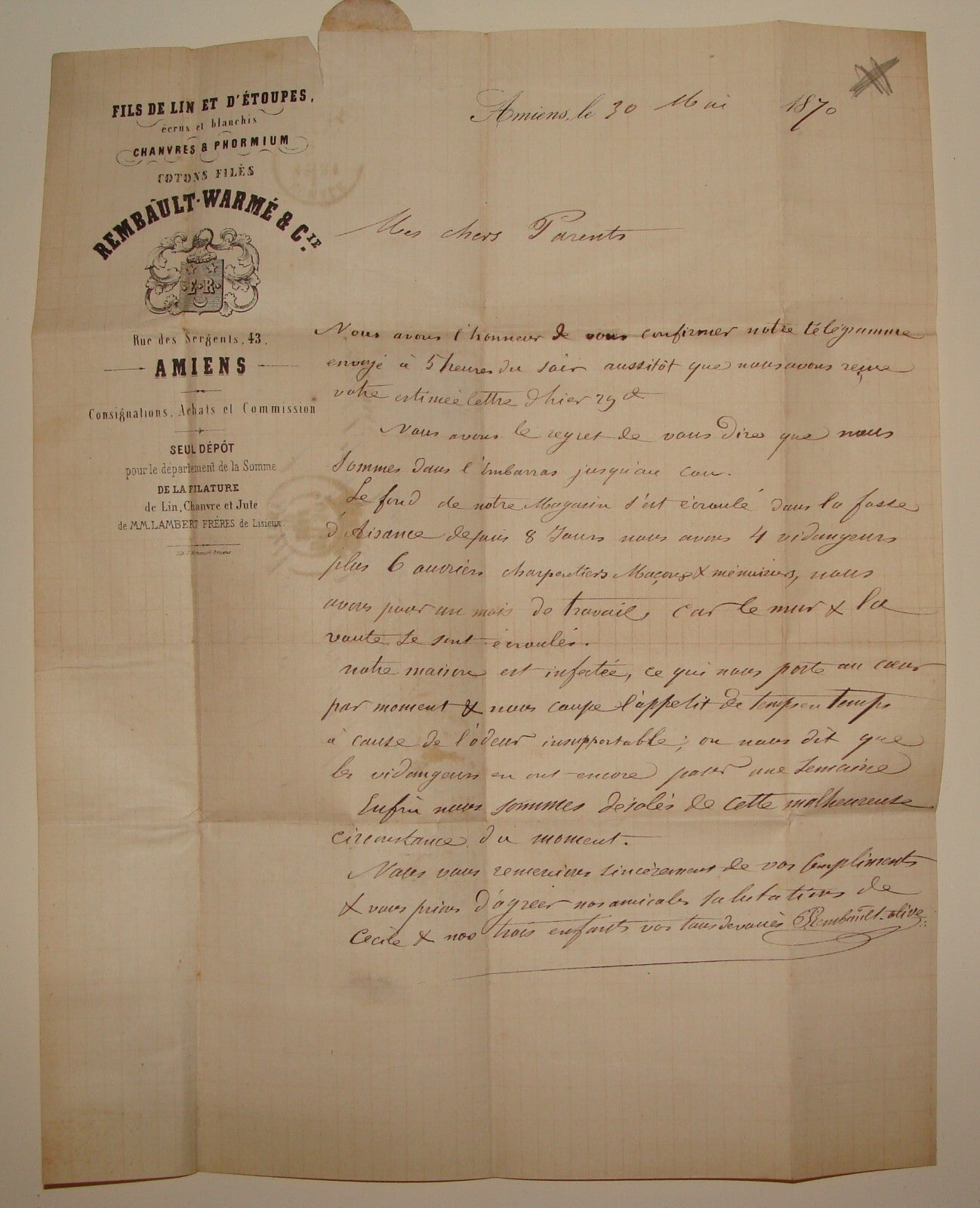 Antique 1870 AMIENS France French Letter Stamp REMBAULT WARME Company Letterhead