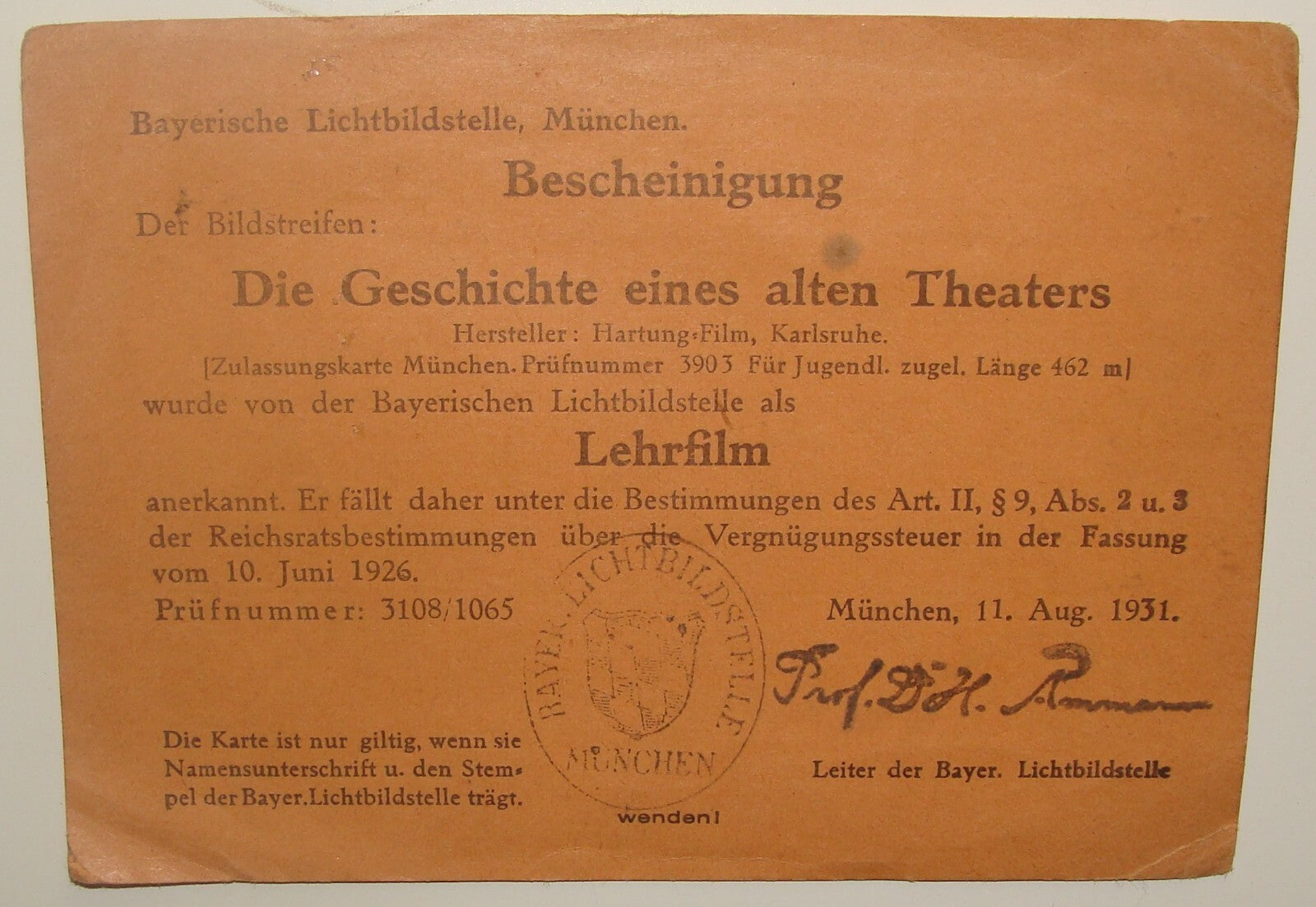 Germany 1931 German   Film Movie Theater Ticket Card Munich