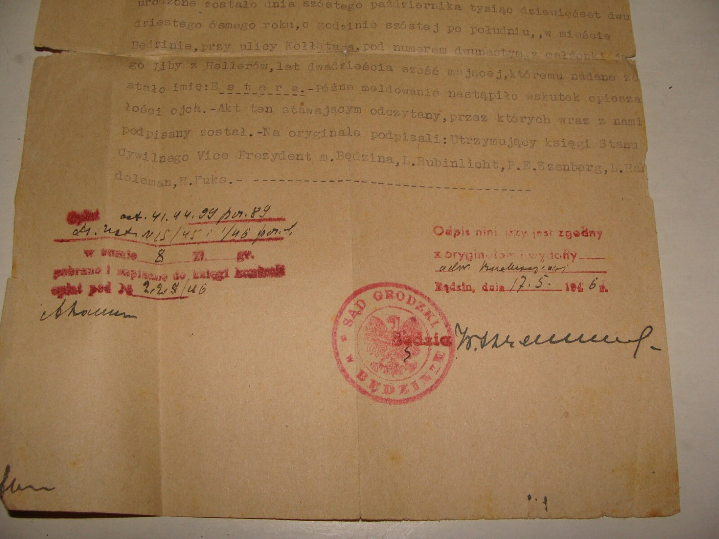 Document Jewish Judaica 1920s Poland Bedzin Court Letter SZENBERG Synagogue