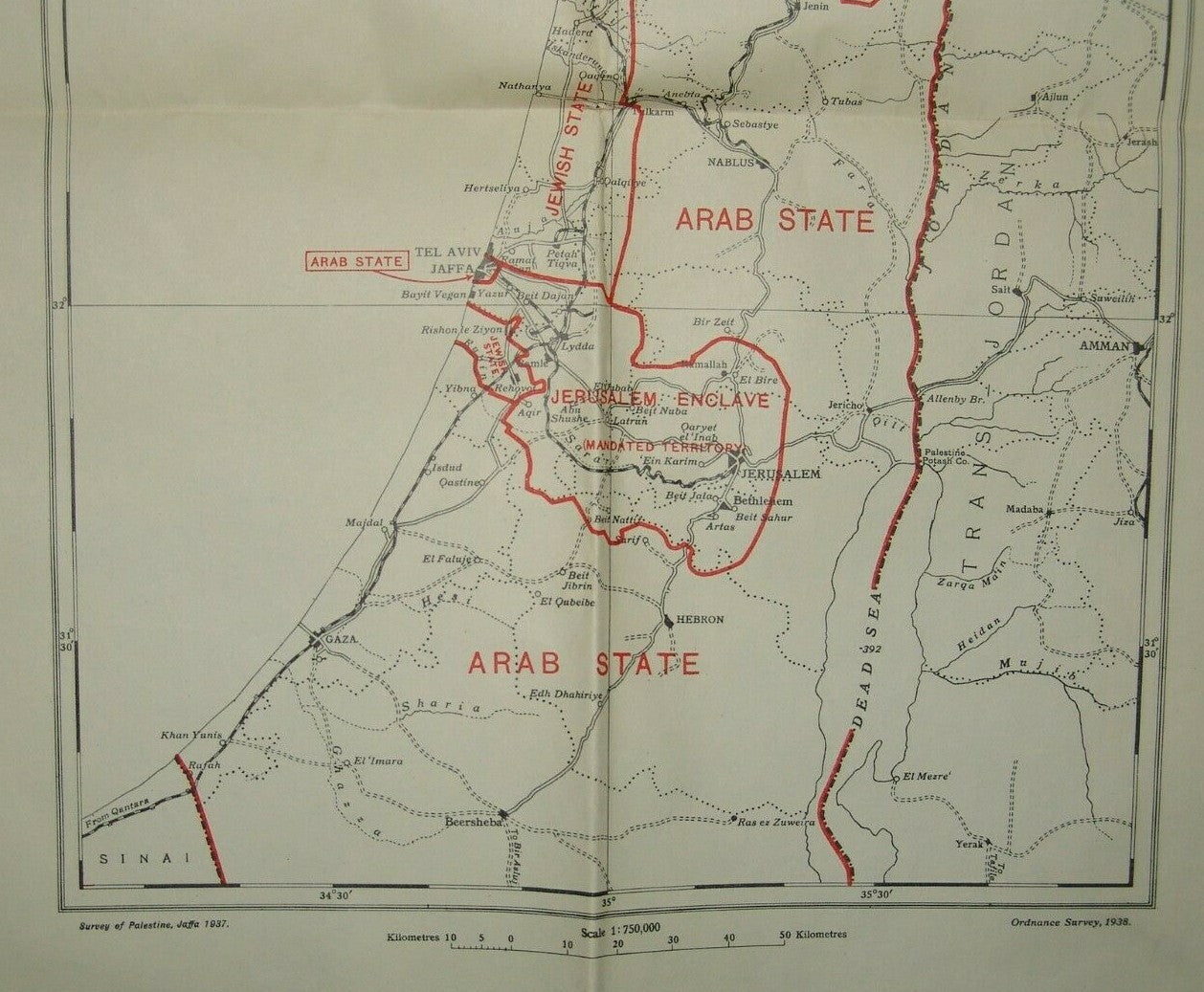 Jewish Arab State Judaica Palestine Eretz Israel B Plan Partition Map 1938