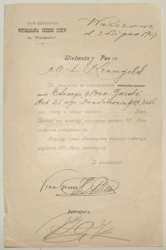 Letter Jewish Judaica 1909 Poland Warsaw Hebrew Polish Poor Jews Help Fund