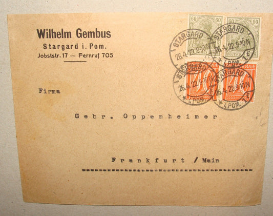 Germany Letter Jewish 1922 ? WILHELM GEMBUS Covr Stamp German   Stargard