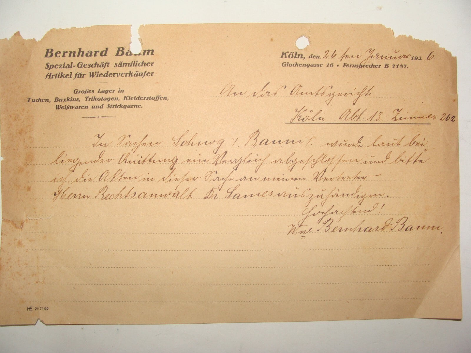 Germany Letter Jewish Judaica 1926 German   Koln BERNHARD BAUM