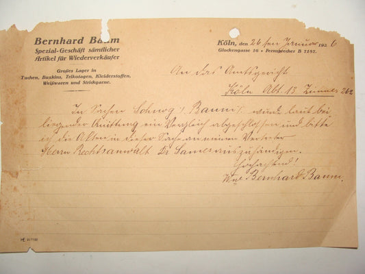 Germany Letter Jewish Judaica 1926 German   Koln BERNHARD BAUM