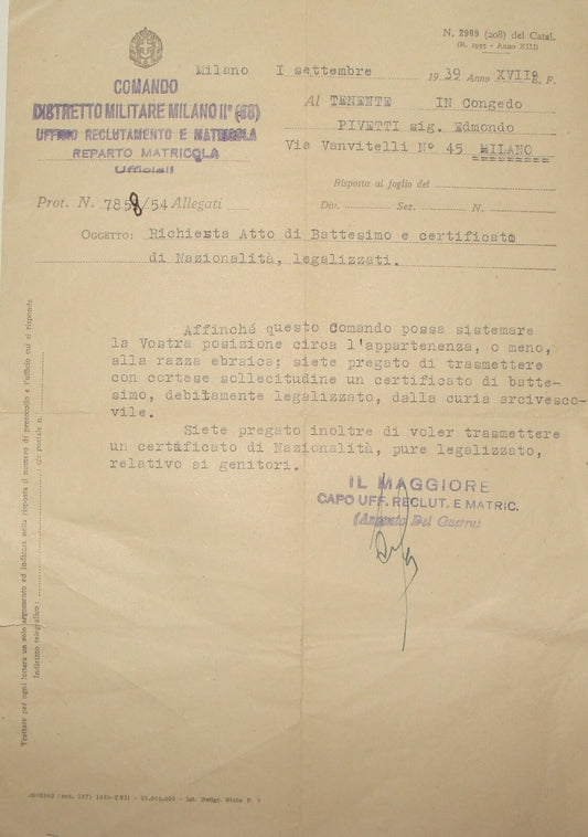 1939 WW2 Italy Italia Milano Certificate Army Military War