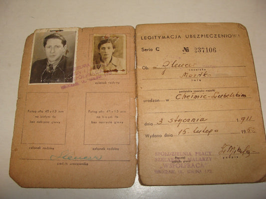 Card Jewish 1950s Poland Wroclaw Polish Insurance Certificate Identity