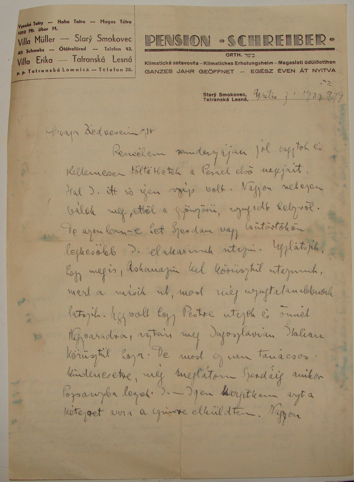 Letter Jewish Judaica 1939 Slovakia PENSION SCHREIBER German Stary Smokovec Jews
