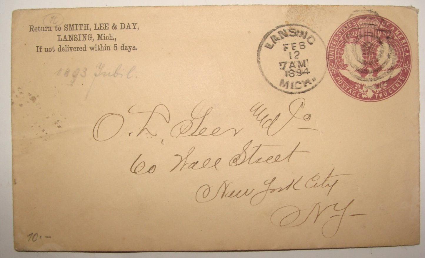 1894 United States Cover Stamp New York Smith Lee & Day Lansing Michigan