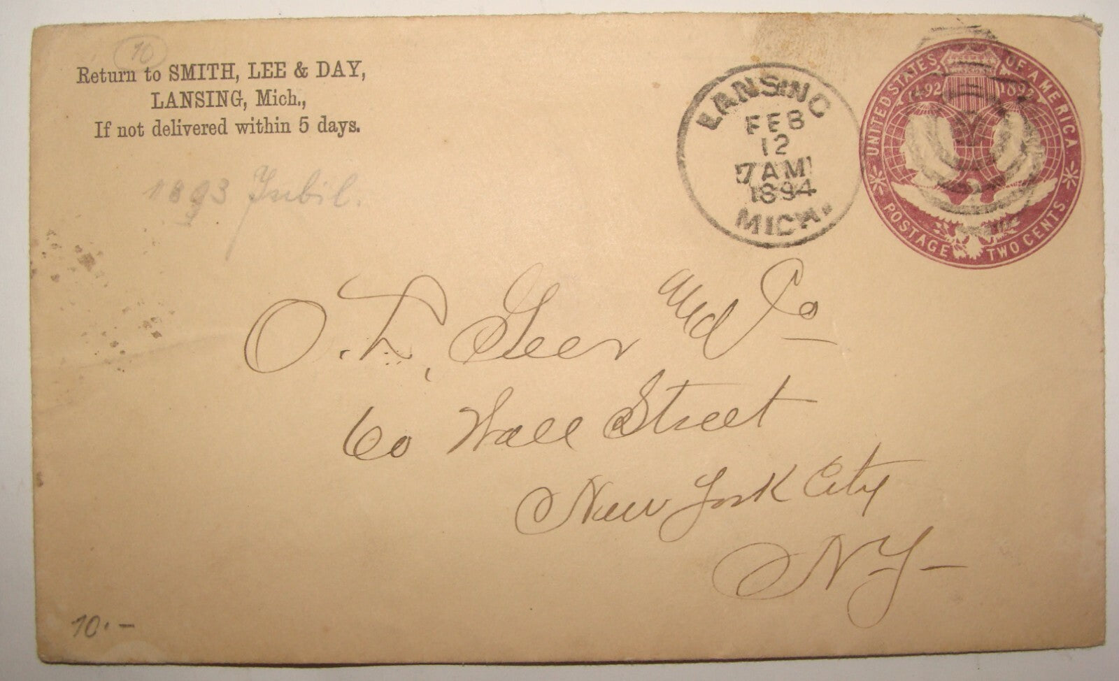 1894 United States Cover Stamp New York Smith Lee & Day Lansing Michigan