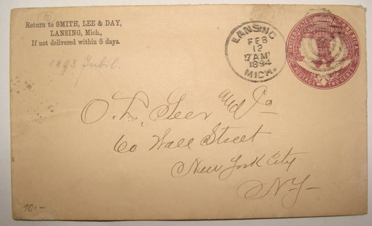 1894 United States Cover Stamp New York Smith Lee & Day Lansing Michigan