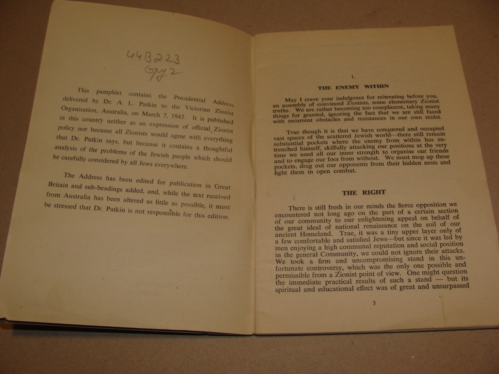 Booklet Palestine 1943 London Zionism Present Tasks Post War Aims Zionist Israel