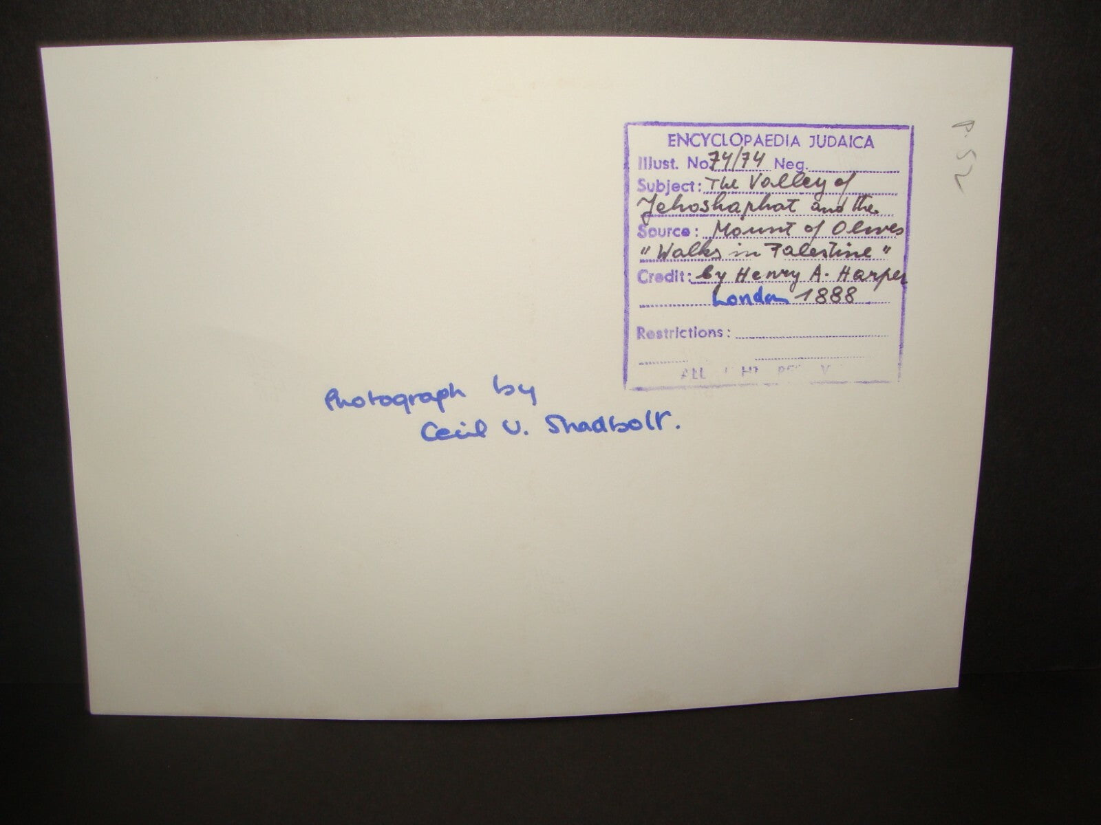 Photo Print Palestine Ad HQ CECIL SHADBOLT 1888 Jerusalem Valley Walks in Harper