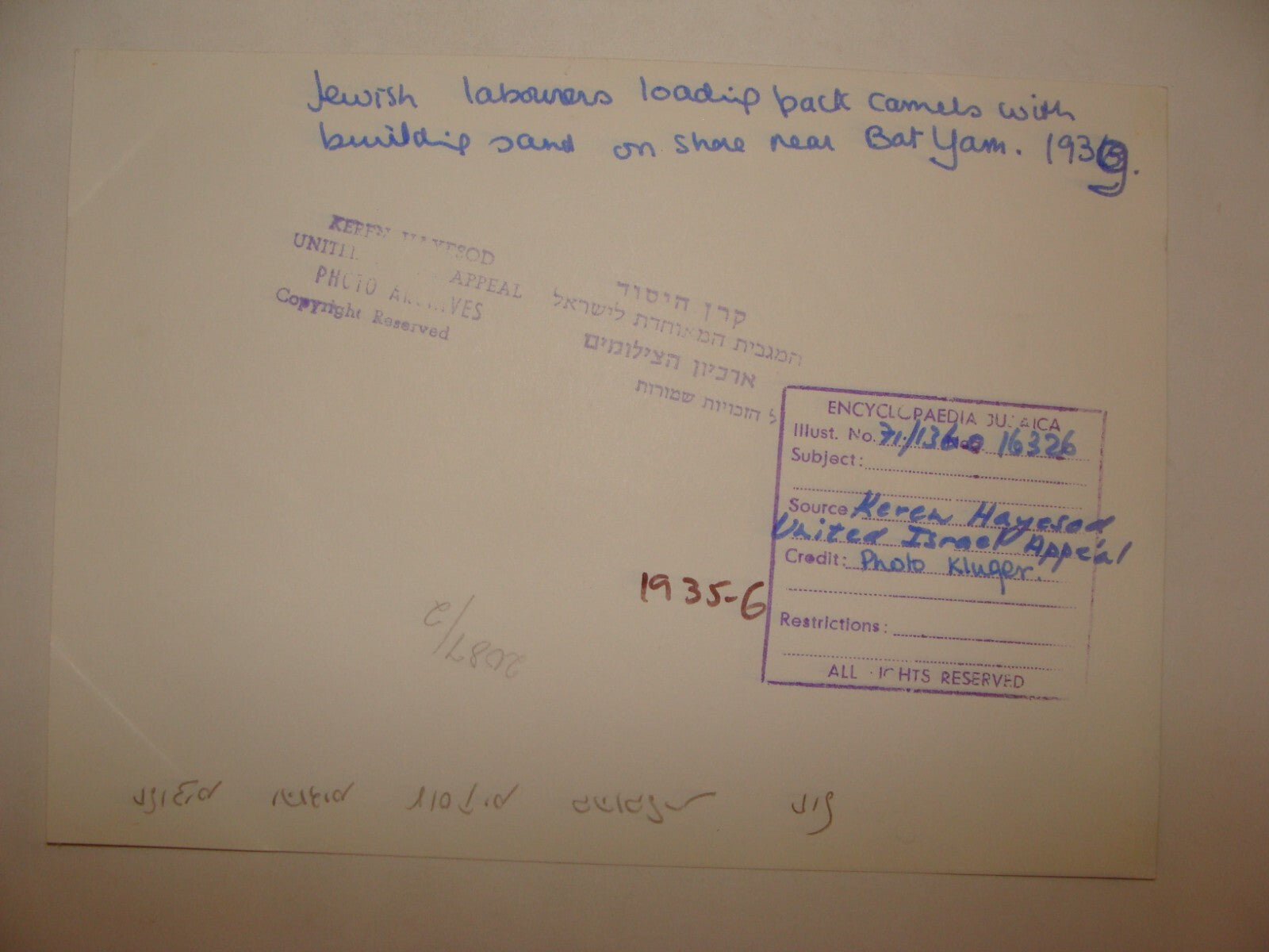 Photo Print 1939 Palestine Israel Judaica Jewish Hebrew Pioneers TEL AVIV KLUGER