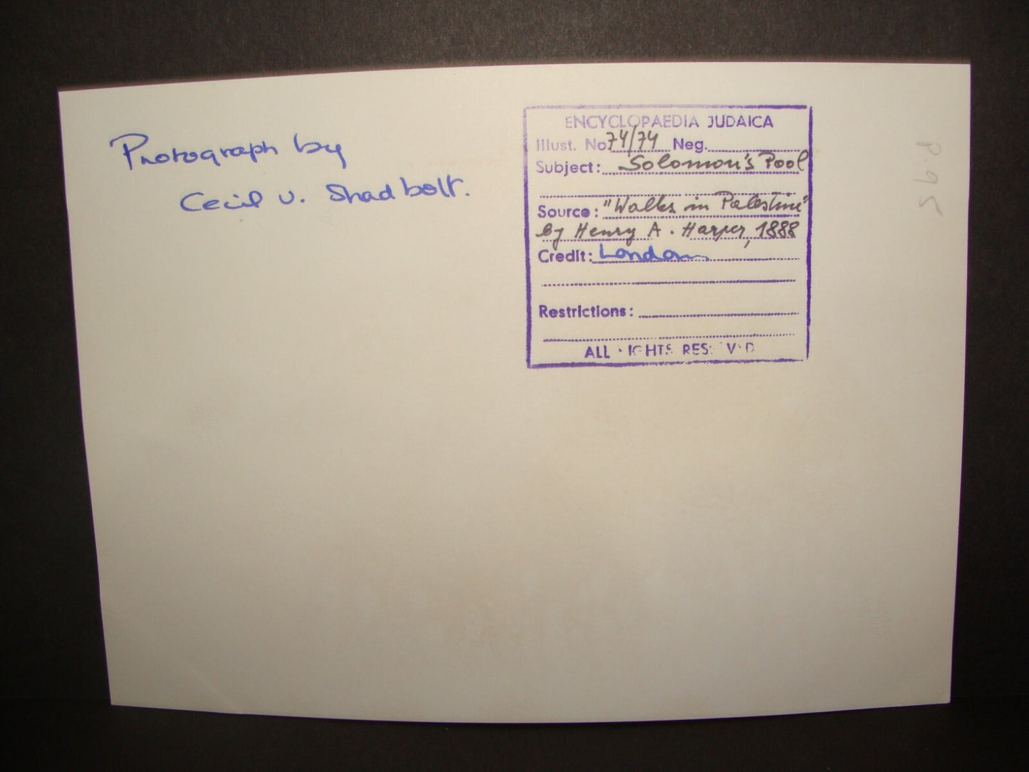 Photo Print Palestine Ad HQ CECIL SHADBOLT 1888 Solomons Pool Walks in Henry