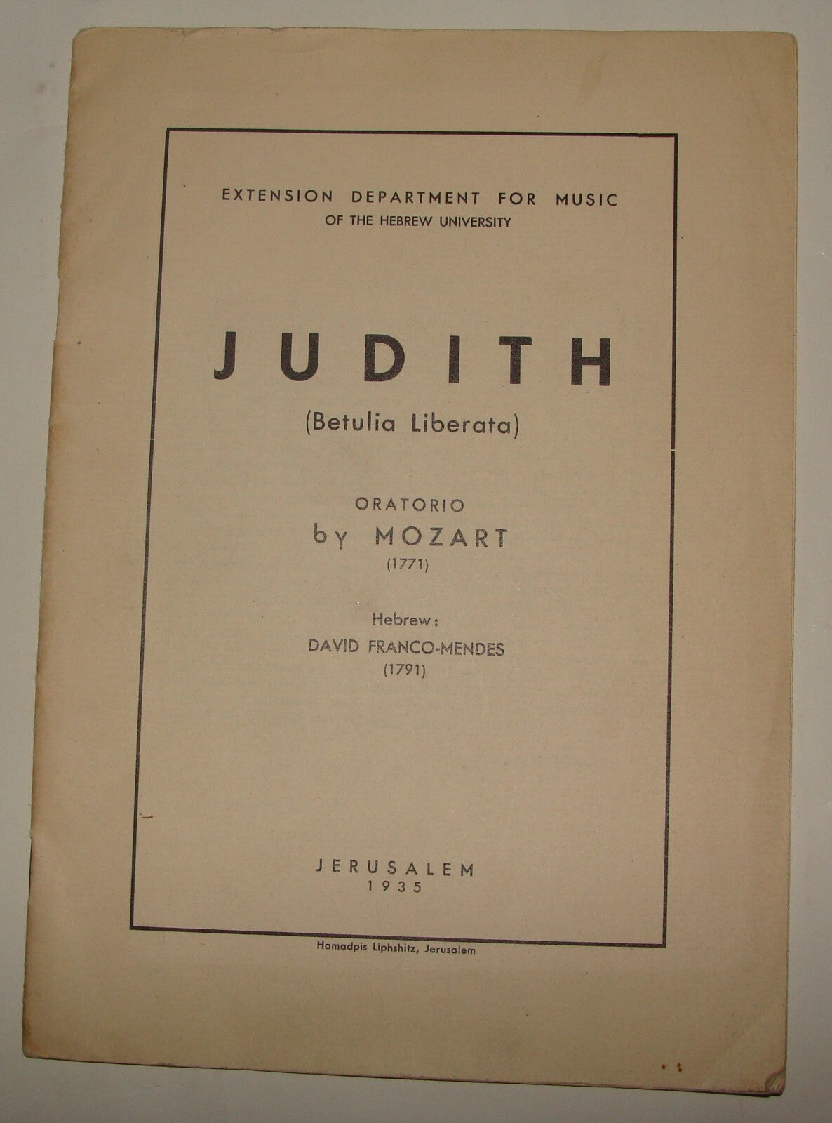 Jewish 1935 Palestine Israel Jerusalem University Music Program Mozart Hebrew