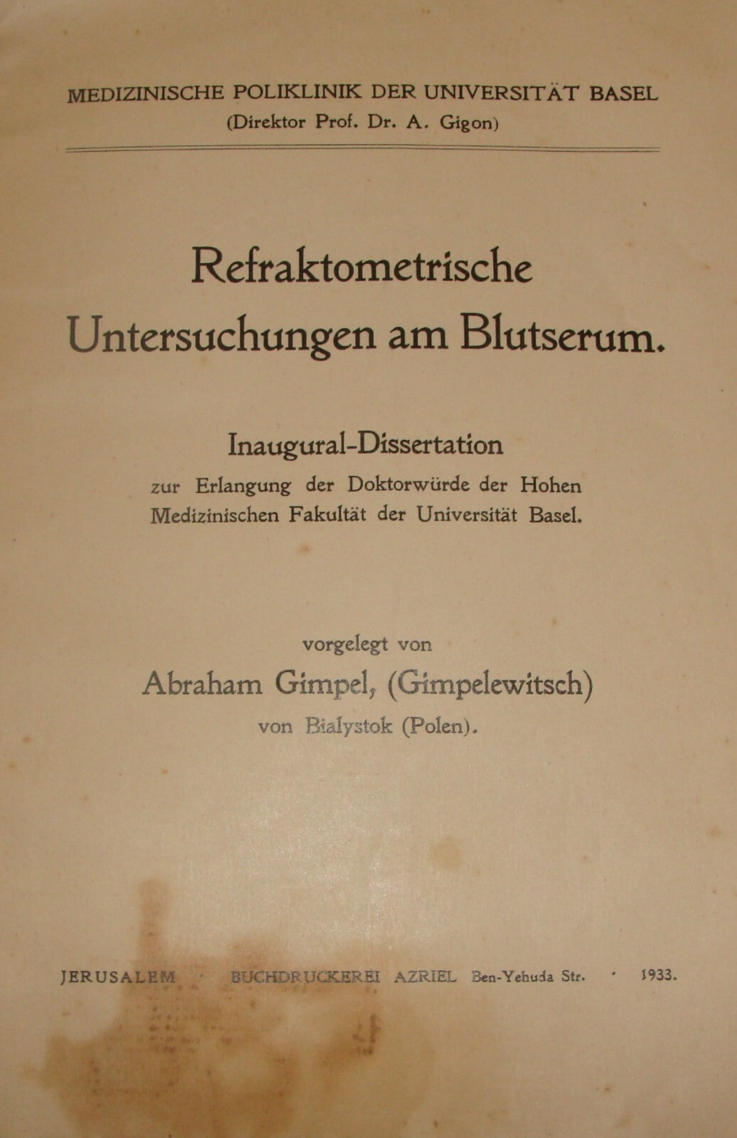 1933 German Medical Blood Serum Analysis Research GIMPEL Bialystok Jewish
