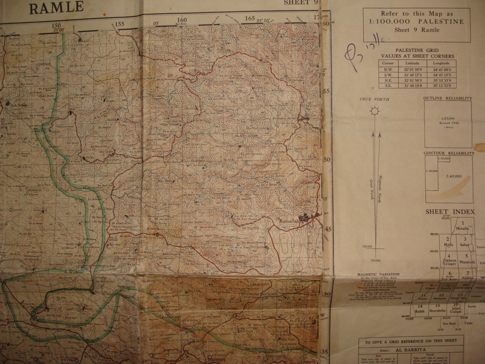 Map Palestine 1952 Israel Israeli RAMLE Ramallah 1949 Green Armistice Line