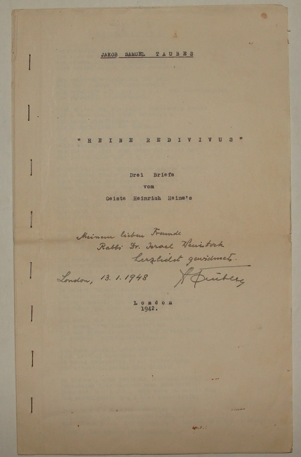 Document Jewish Judaica 1942 TAUBES on HEINRICH HEINE German London SIGNED
