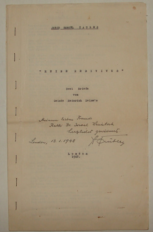 Document Jewish Judaica 1942 TAUBES on HEINRICH HEINE German London SIGNED