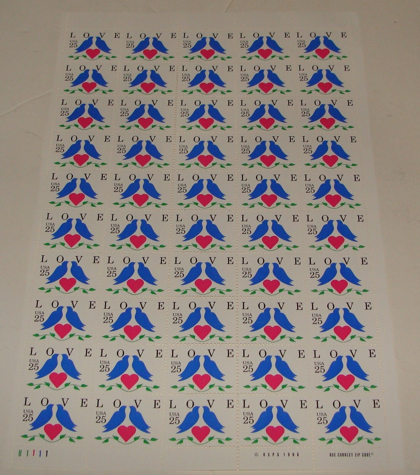 1988 United States USPS Love Stamp Sheet MNH