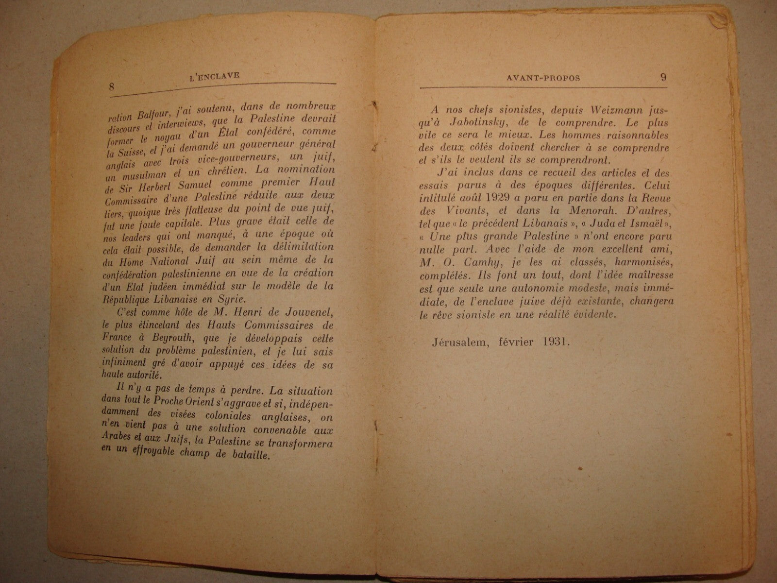 Book Jewish 1931 ITAMAR BEN AVI L'ENCLAVE French 1st Edition Zionist Palestine