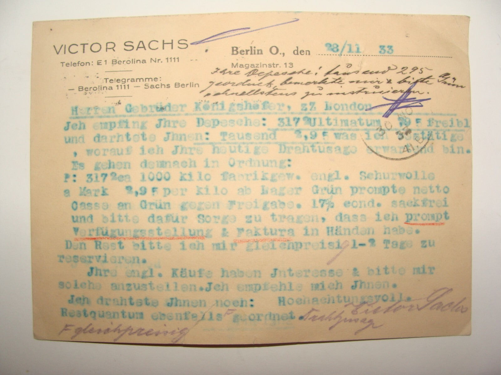 Germany Letter Jewish Judaica German   Berlin 1933 VICTOR SACHS