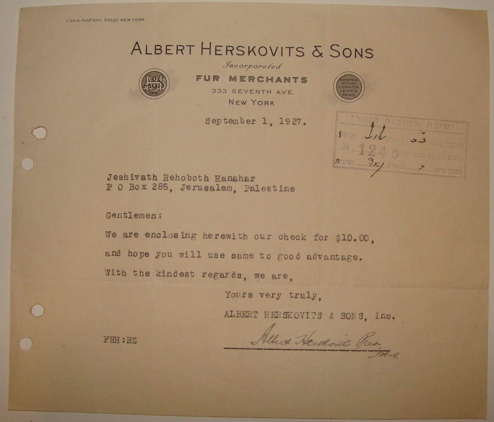 Letter Jewish American Judaica 1927 ALBERT HERSKOVITS Company Factory Merchant