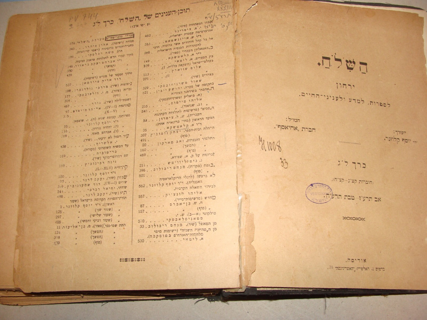 Book Jewish Judaica 1908 Odessa Hebrew Zionist Literature Journal HASHILOACH