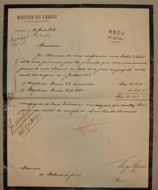 Letter Jewish 1912 Denmark Copenhagen France French Paris Bank ROTHSCHILD FRERES