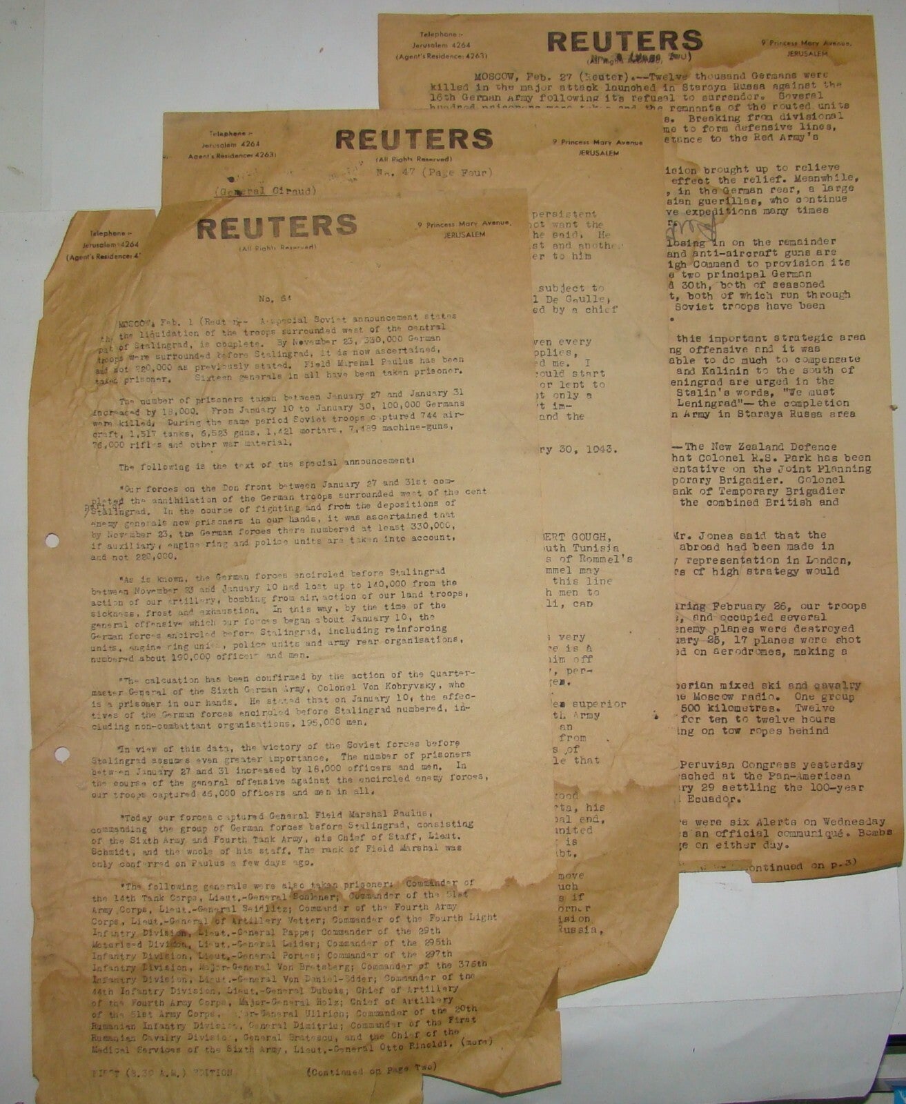 REUTERS News Agency WW2 1943 Palestine Jerusalem Draft Military Army Summary