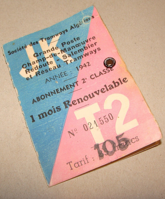 Ticket Jewish 1942 Algeria Alger Tram Tramways Train Railway Card Certificate