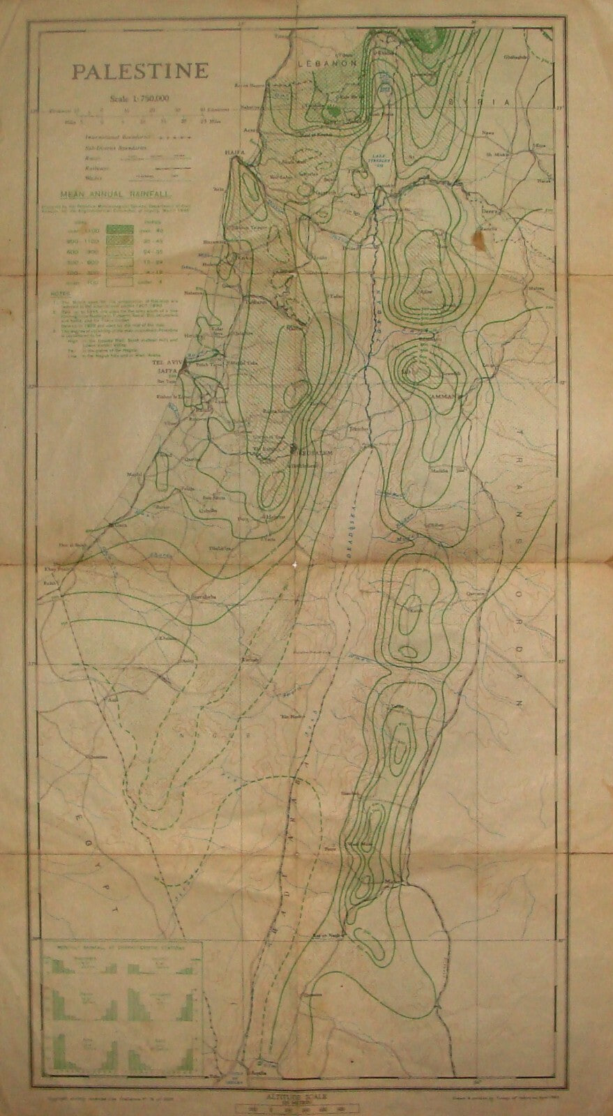Map Palestine RARE Mean Annual Rainfall 1946, 1:750 000