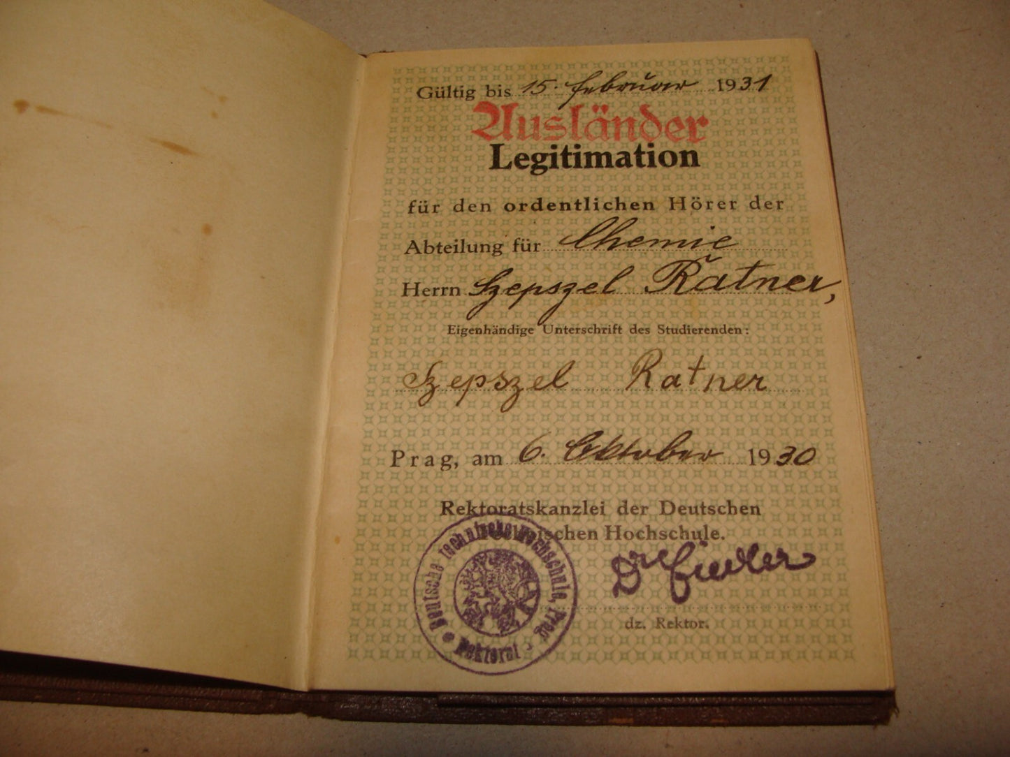 Card Jewish 1930 Technische Hochschule Prag German Certificate Universtiy RATNER