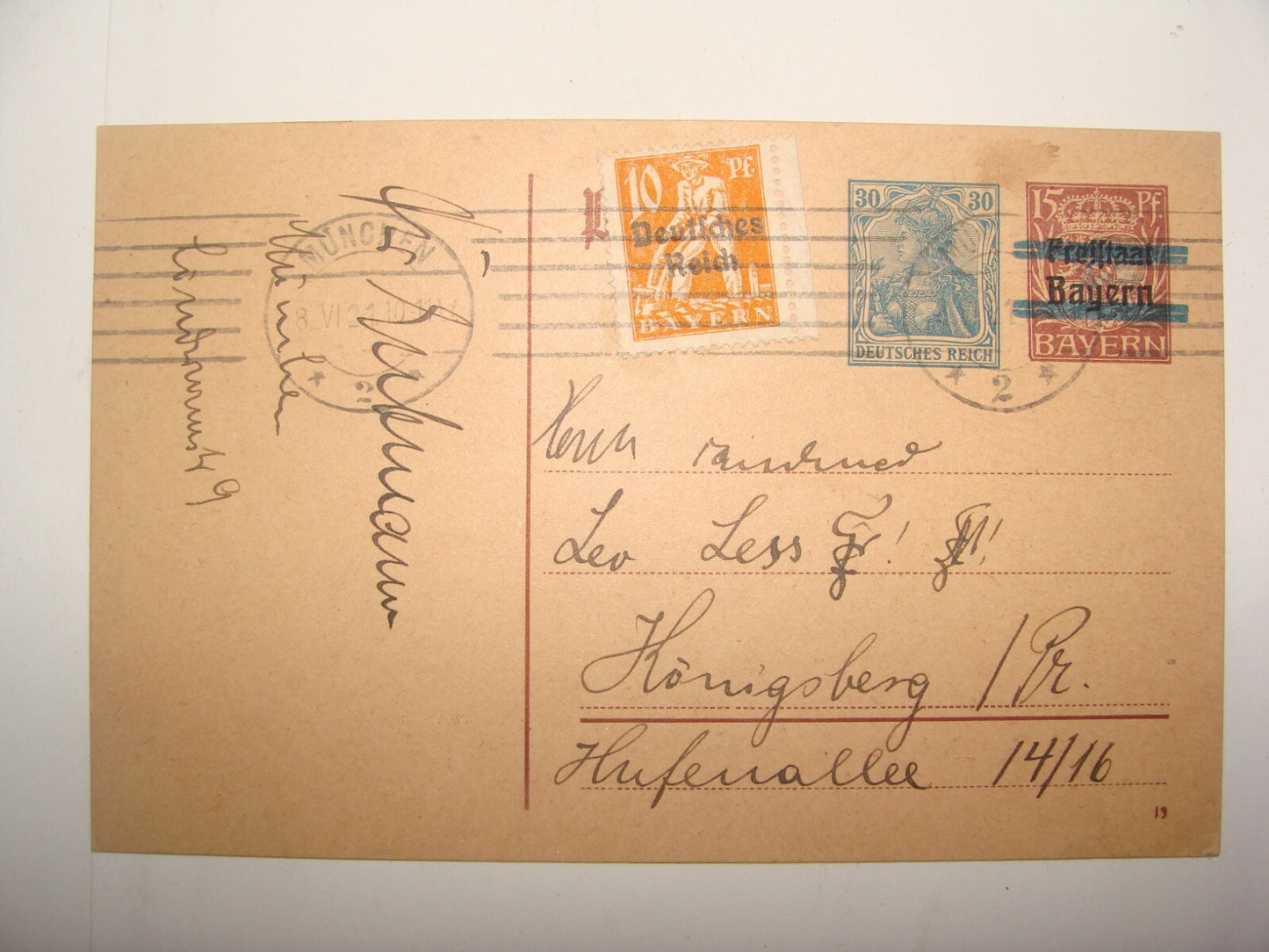 Germany 1921   Bayern Bavaria Stamp Cover Munich Huffenallee Konigsberg