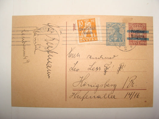 Germany 1921   Bayern Bavaria Stamp Cover Munich Huffenallee Konigsberg