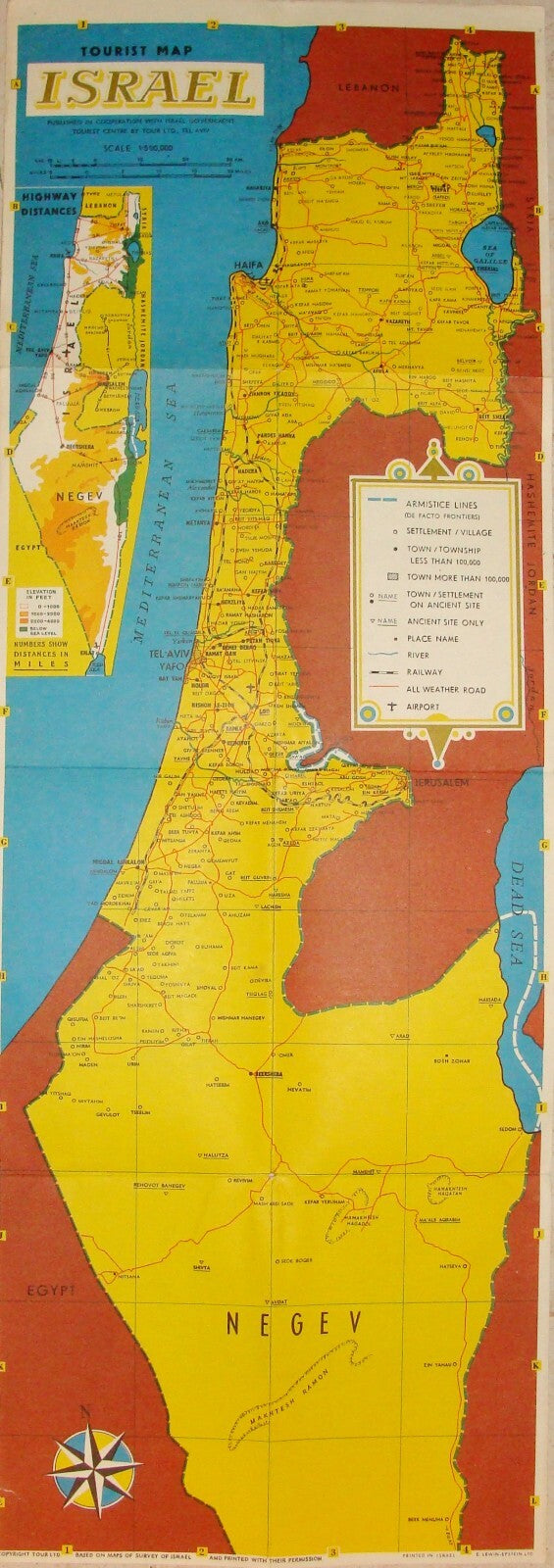 Map Israel 1950s-60s Tourist Pre Six Day War Lines PILGRIM Holy Land