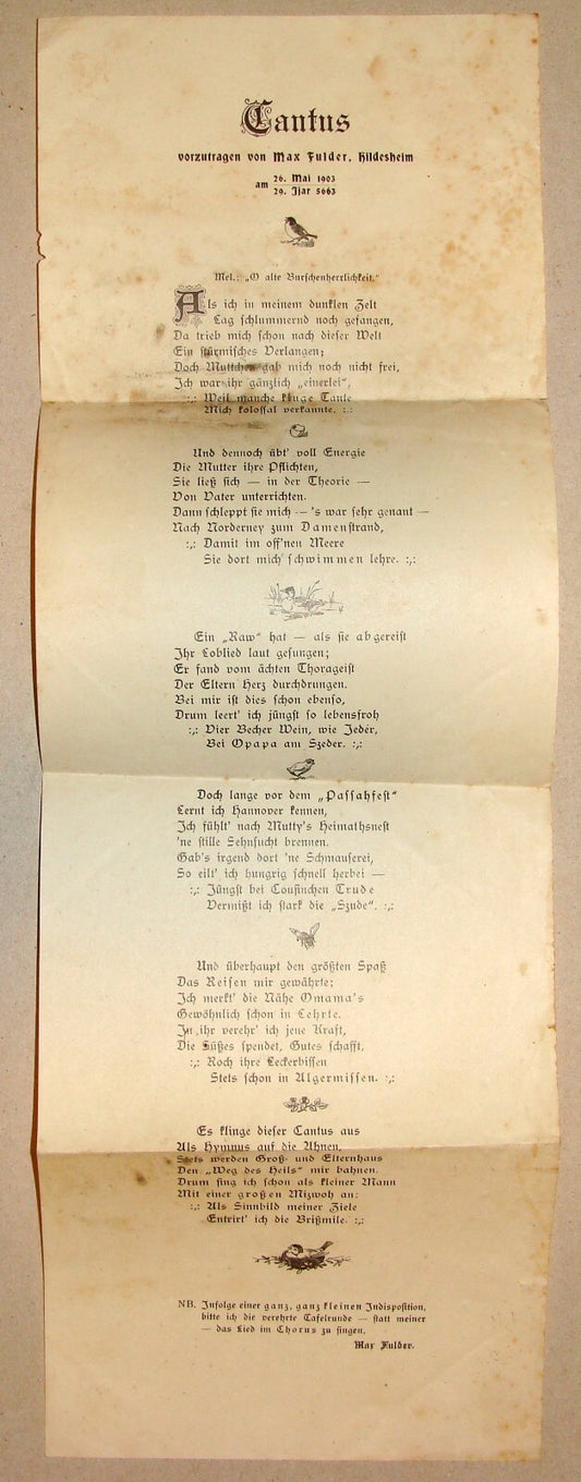 Germany Letter Jewish Judaica 1903 German   MAX FULDER Hildesheim Song