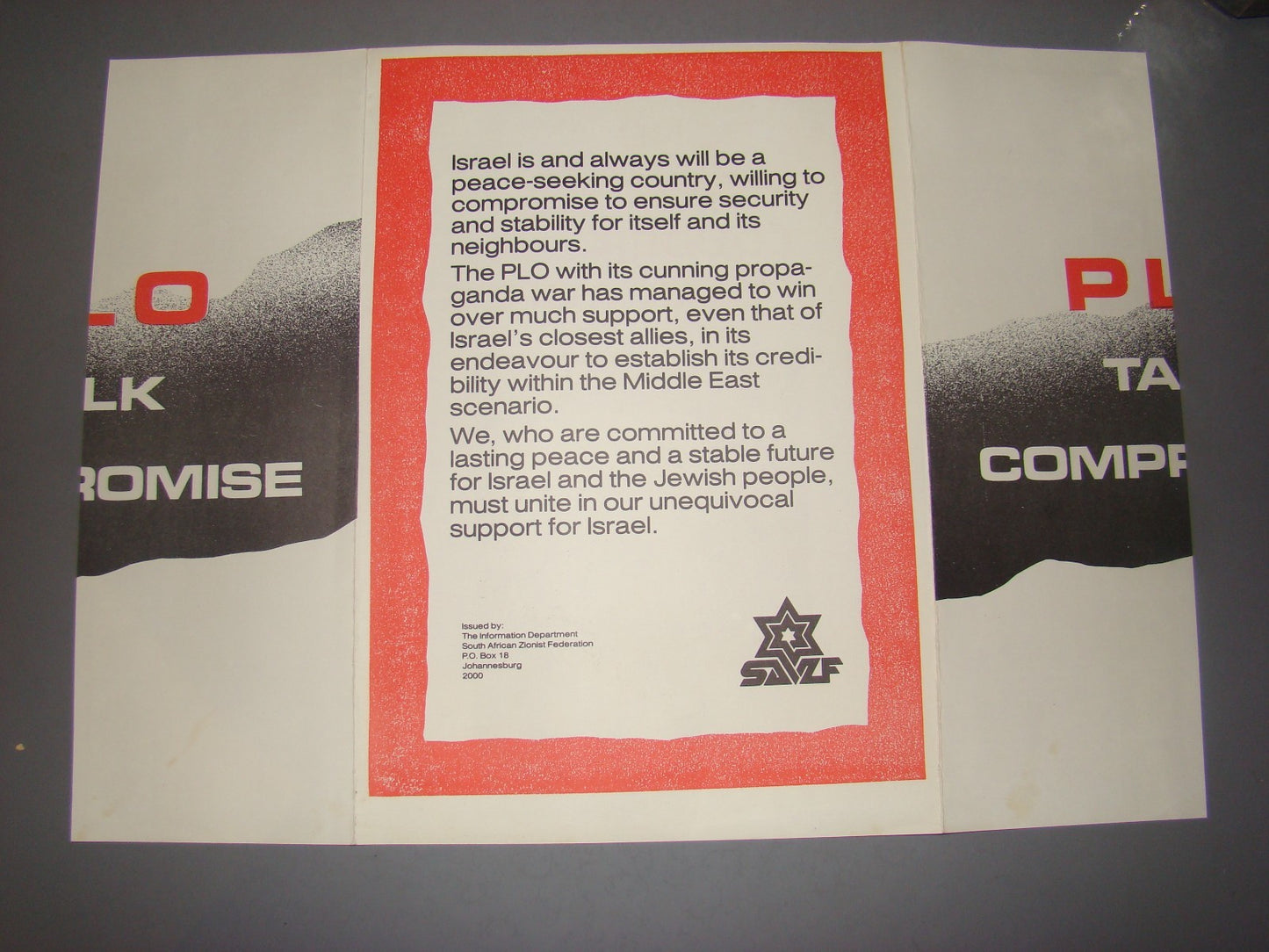 ad Palestine Jewish south African Zionist federation PLO propaganda brochure