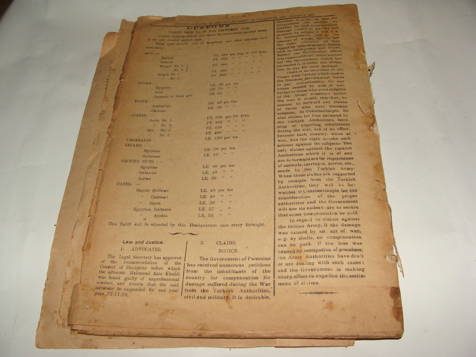 Pol Newspaper Palestine RARE British Government of Gazette OETA SOUTH 1920