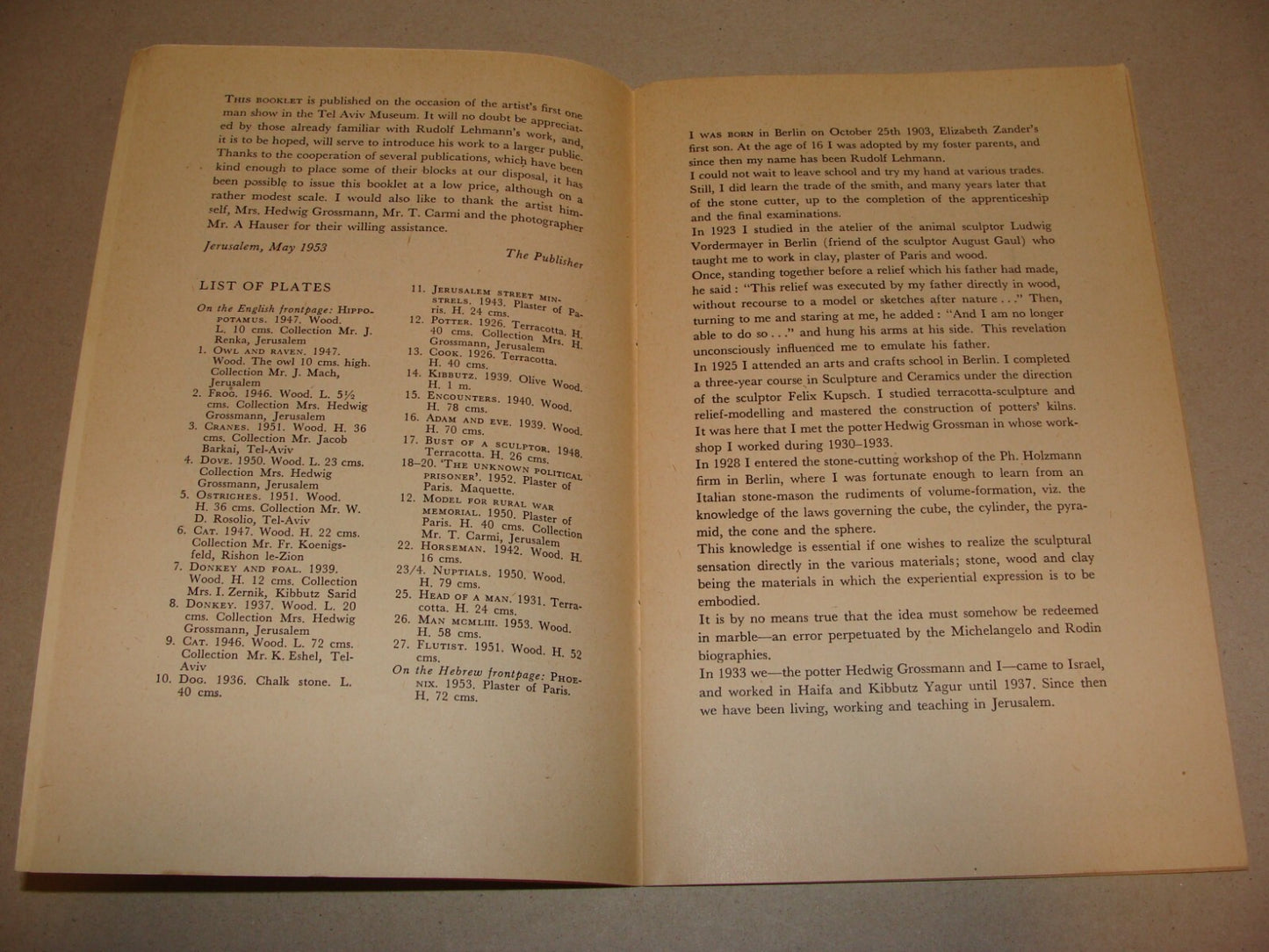 Book Jewish 1953 Israel Israeli Artist RUDOLF LEHMANN Art Catalog Wood Stone