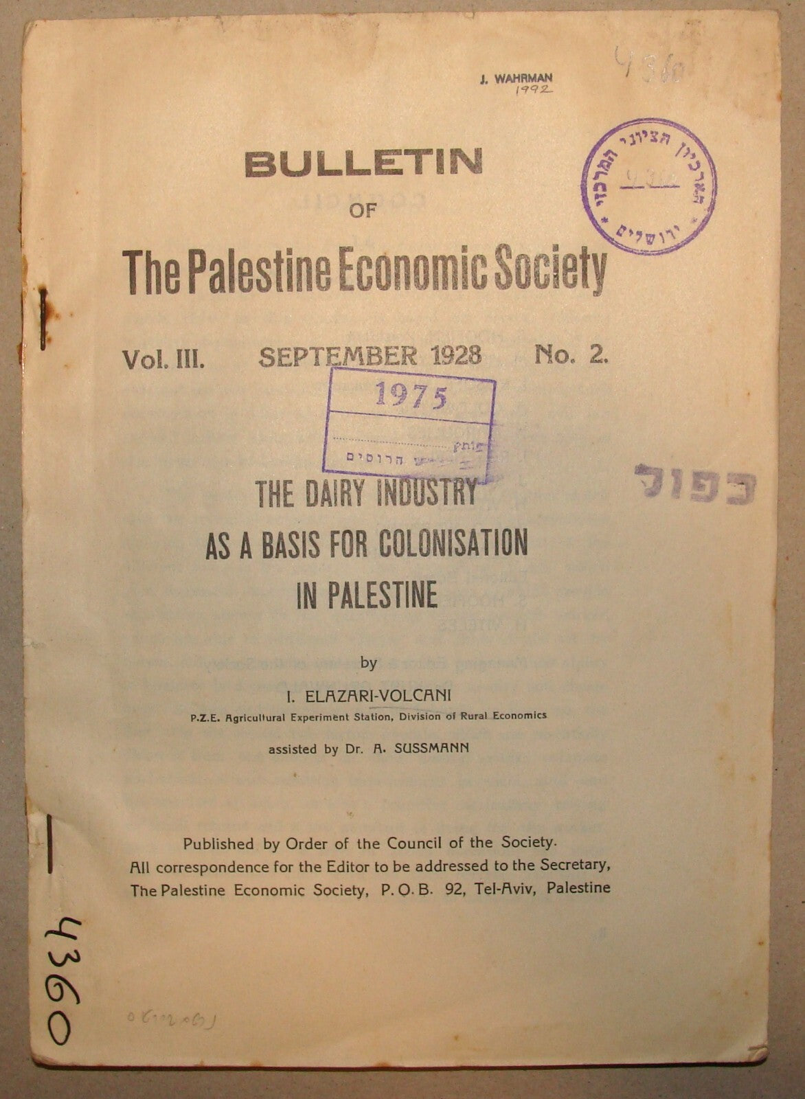 Bulletin Palestine 1928 Economic Society Israel Zionist Dairy Industry