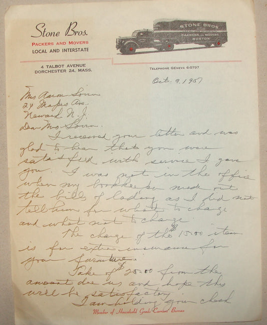 STONE BROS Dorchester Massachusetts Letter Head 1957 Hand Written Boston Comapny