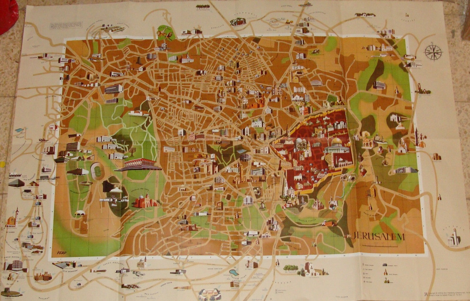 Map Jewish Israel JERUSALEM Pictorial AMIR 1972 BIKUR CHOLIM HOSPITAL Guide Info