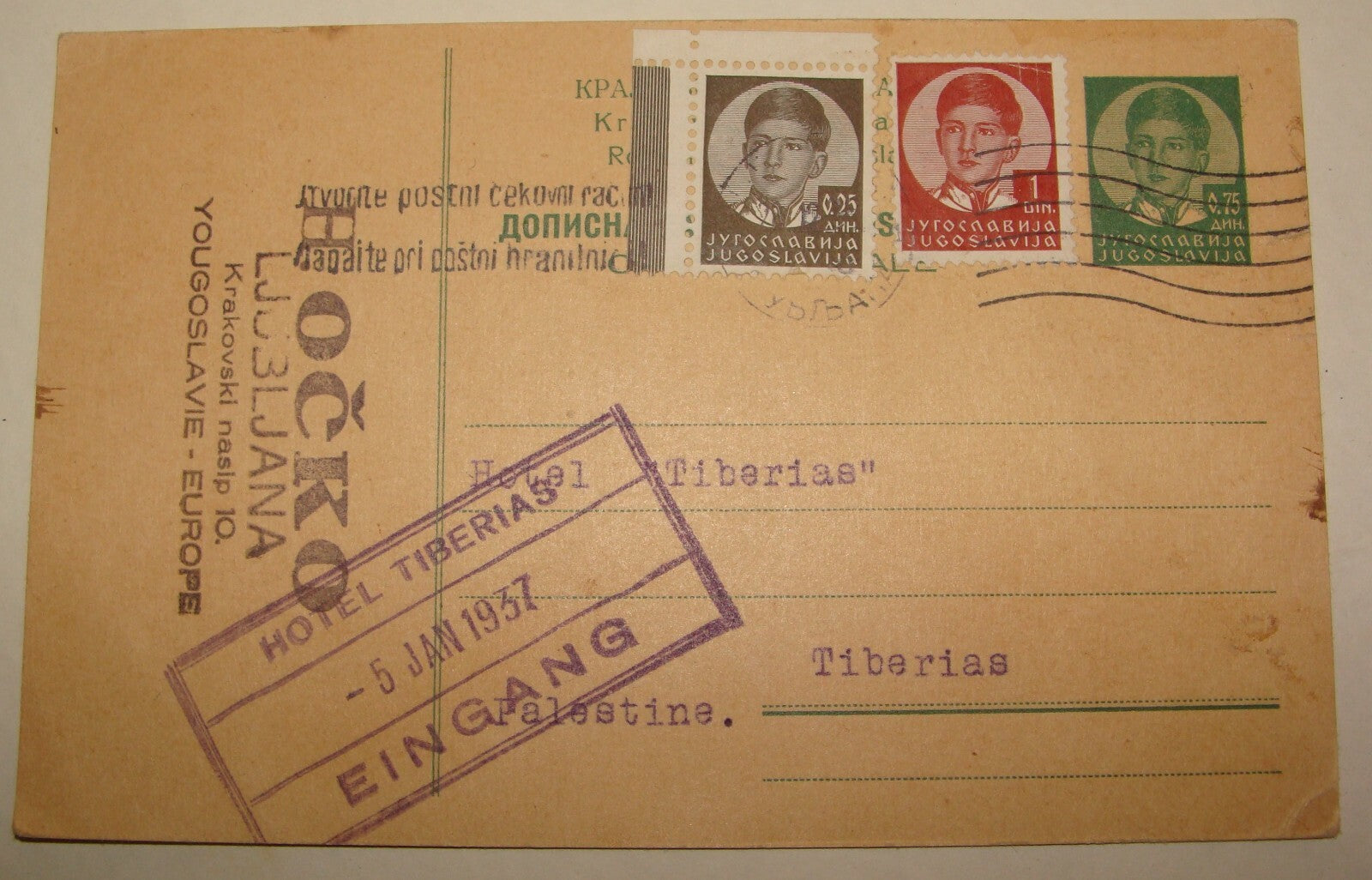 Card Palestine 1937 Yugoslavia Stamp Postcard Slovenia Ljubljana To Hotel