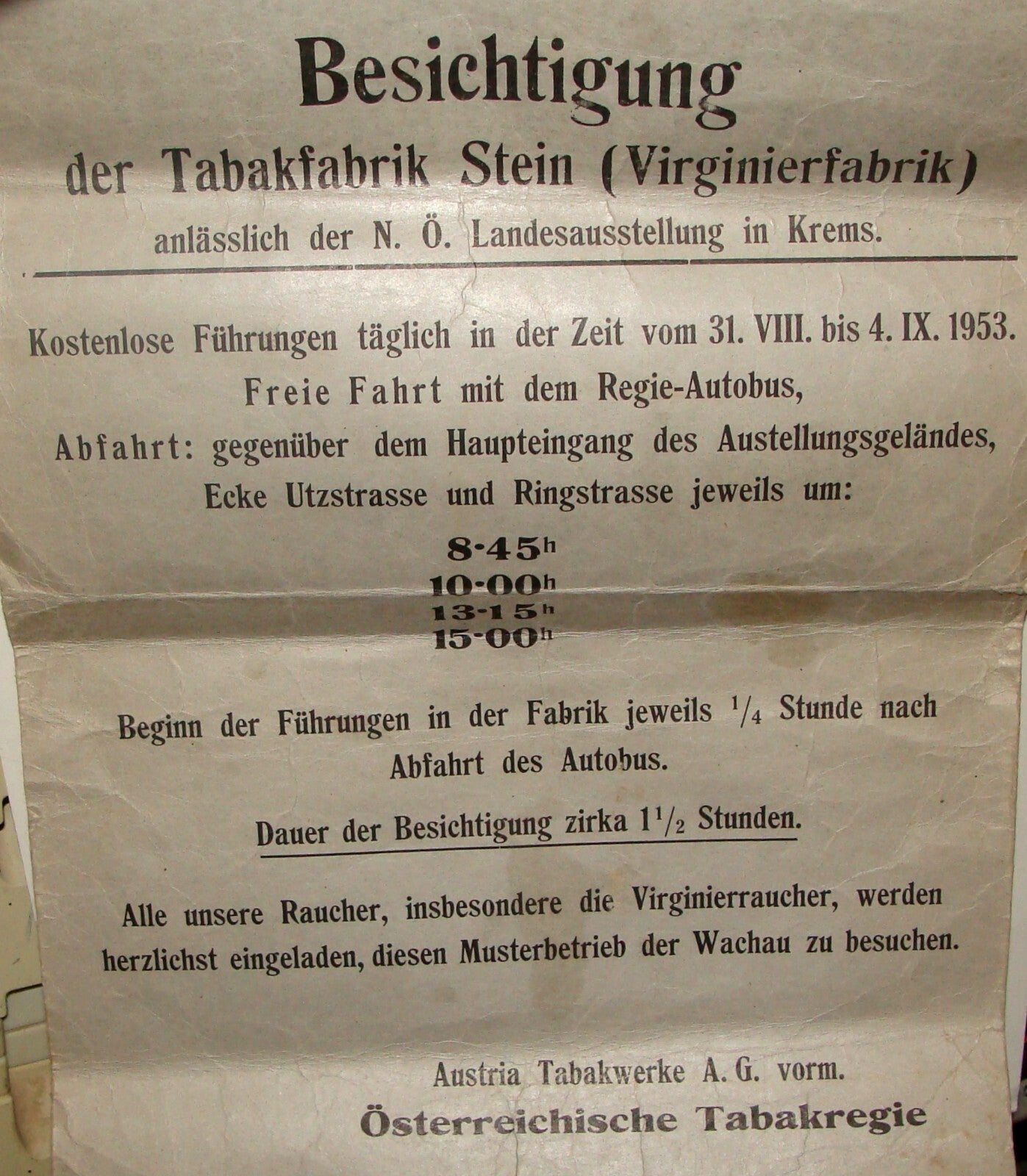 1953 Austria Tobacco Factory Stein Krems Tabakfabrik Poster German Ad