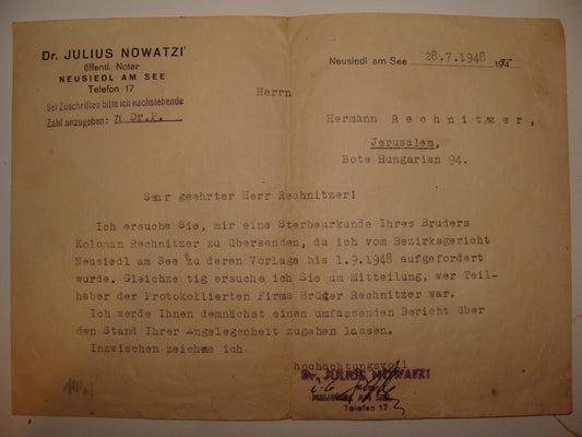 Letter Jewish 1948 Judaica Neusiedl am See Austria Julius Nowatzi Israel German