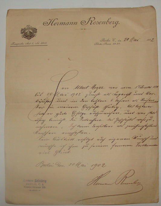 Germany Letter Jewish Judaica 1900s German   Berlin HERMANN ROSENBERG Signed