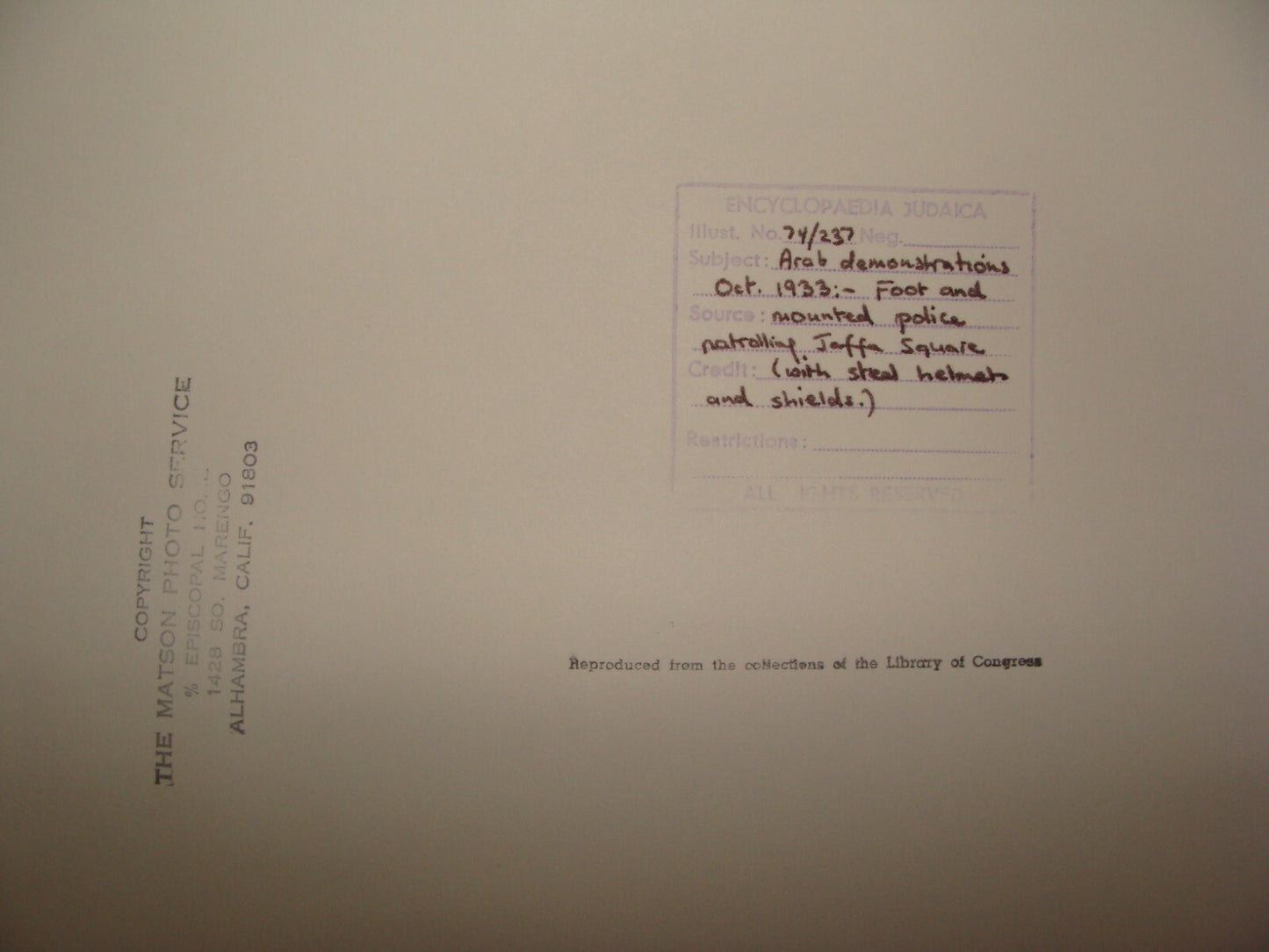 Photo Print Palestine Stamp , 1933 Israel Jaffa Arab Demonstration Police Shop