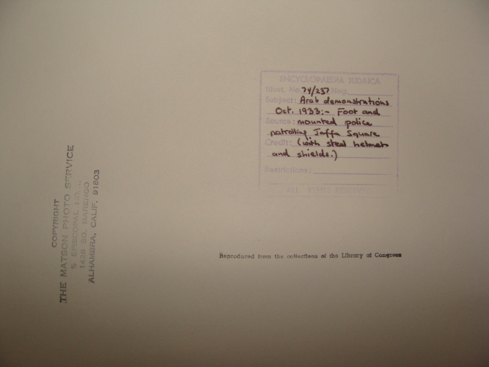 Photo Print Palestine Stamp , 1933 Israel Jaffa Arab Demonstration Police Shop