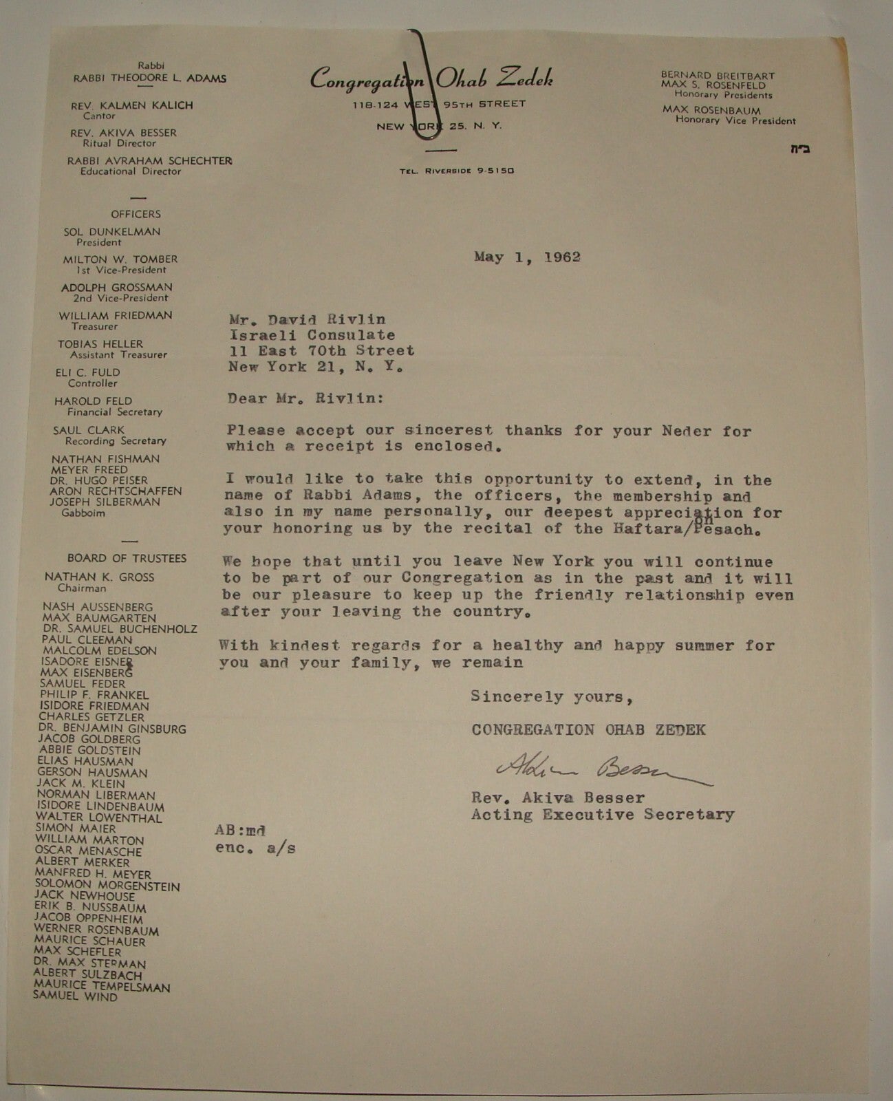 Letter Jewish American Judaica Rabbi Akiva Besser Signed Congregation Oheb Zedek